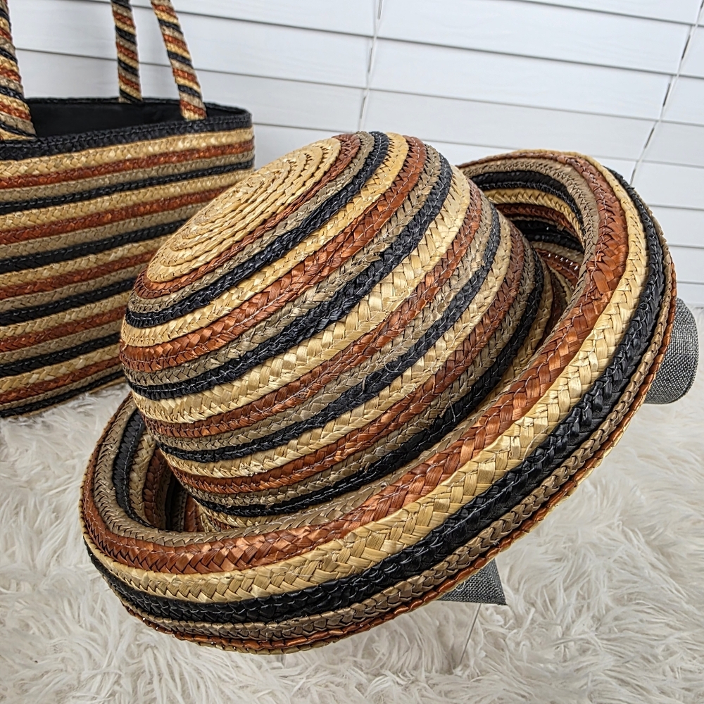 Striped Straw Bag and Hat Set - Picture 2 of 15